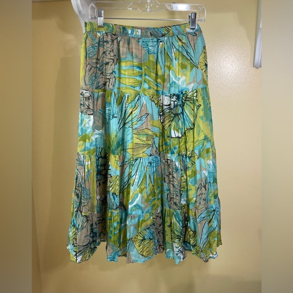 Aa Studio Resort Wear Blue and Green Tiered Maxi Skirt